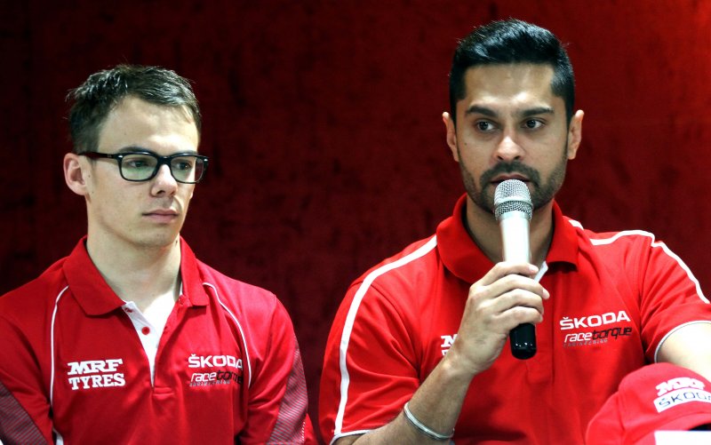 Gaurav Gill (right) and Fabian Kreim of Team MRF at the pre-event Press Conference (Oct 28).JPG