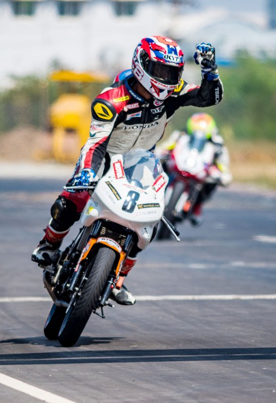 Rajiv Sethu celebrates his win in the Pro Stock 165cc race (Jan 22).jpg